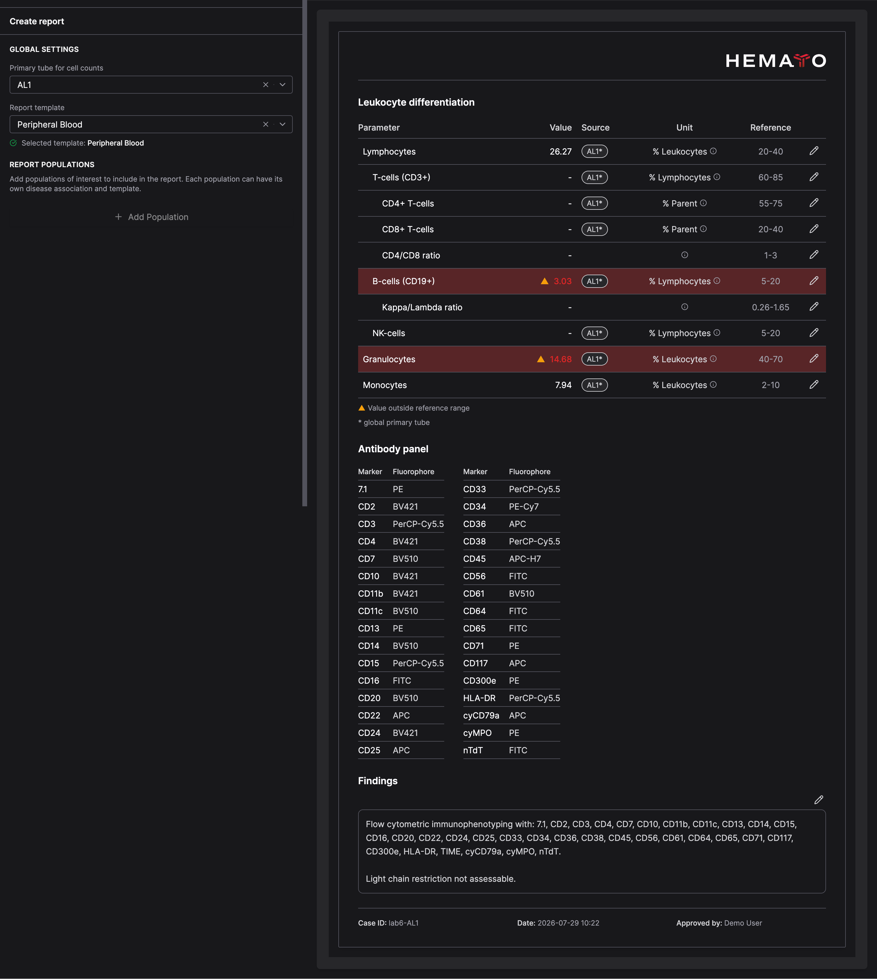 CellStudio report builder previewing a leukocyte differentiation report with cell counts and findings